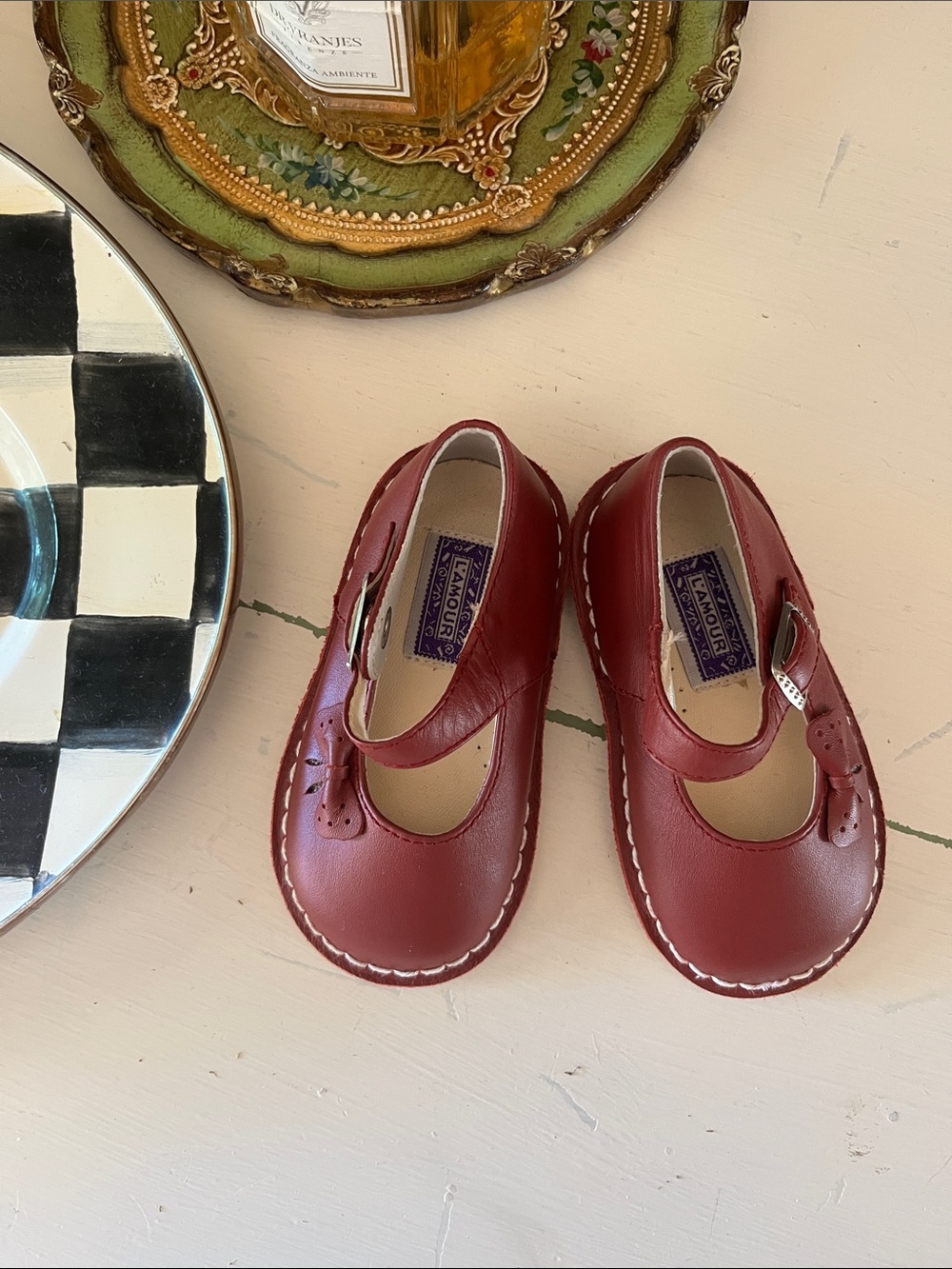 L'Amour Burgundy Leather Mary Jane Baby & Walker Shoes